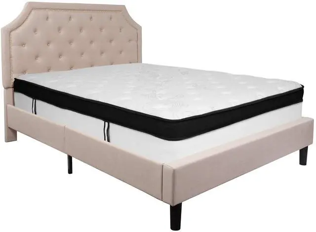 Alt view image 15 of 18 - Brighton Queen Size Tufted Upholstered Platform Bed in Beige Fabric with Memory Foam Mattress