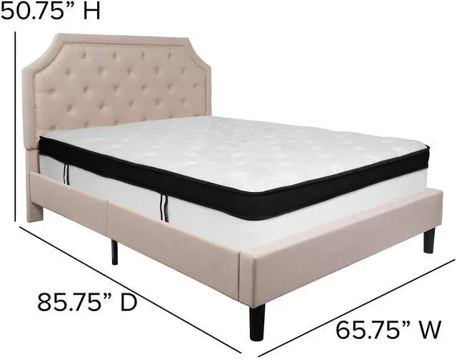 Alt view image 16 of 18 - Brighton Queen Size Tufted Upholstered Platform Bed in Beige Fabric with Memory Foam Mattress
