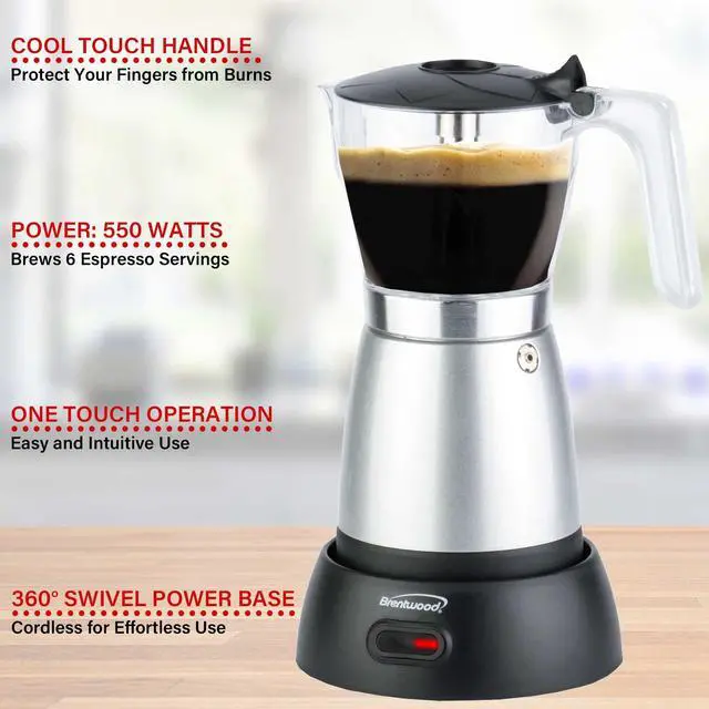 Alt view image 7 of 8 - Brentwood TS-119S 6-Cup Electric Moka Pot Espresso Machine (Silver)