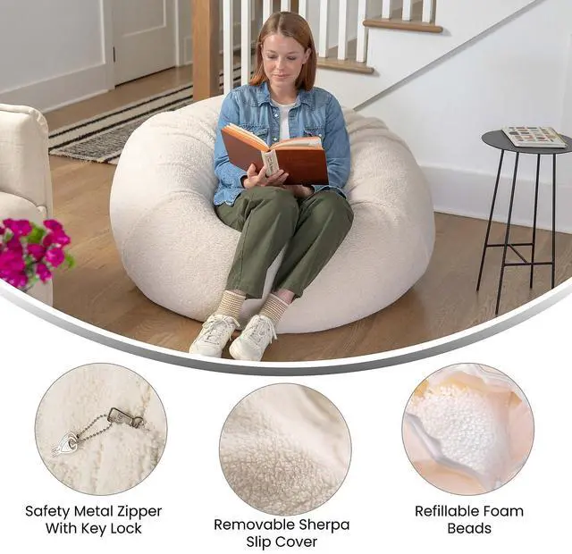 Alt view image 10 of 14 - Flash Furniture Duncan Sherpa Refillable Bean Bag Chair Natural (DGBEANLGSHRPNAT)