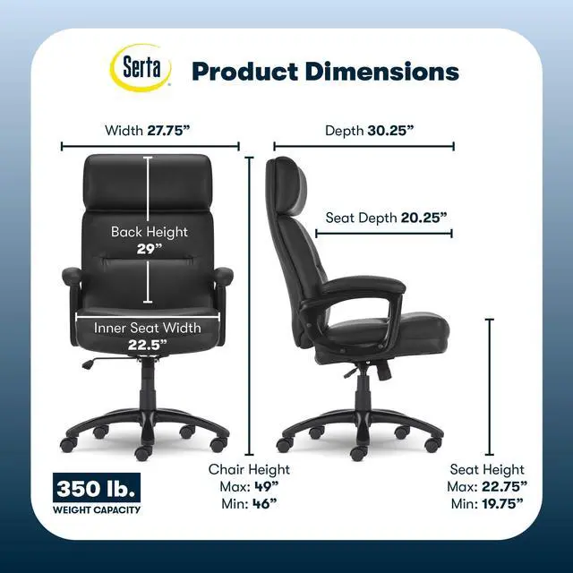 Alt view image 3 of 8 - Serta Comfort Executive Big & Tall Office Chair, Ergonomic High-Back Computer DeskChair, Semi Plush Cushion Seat, Soft Padded Armrests, SertaQuality Foam, Metal Swivel Base, Bonded Leather, Black