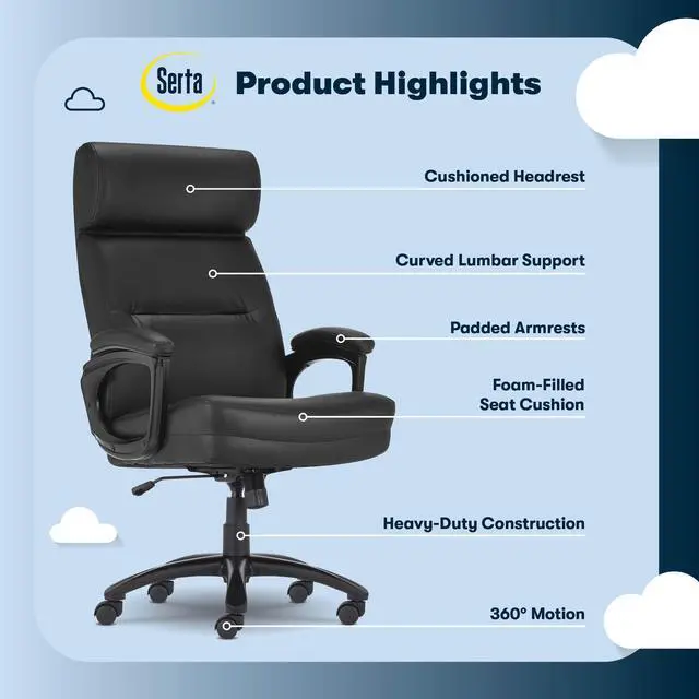 Alt view image 4 of 8 - Serta Comfort Executive Big & Tall Office Chair, Ergonomic High-Back Computer DeskChair, Semi Plush Cushion Seat, Soft Padded Armrests, SertaQuality Foam, Metal Swivel Base, Bonded Leather, Black
