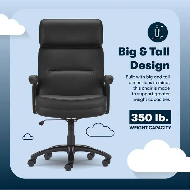 Alt view image 5 of 8 - Serta Comfort Executive Big & Tall Office Chair, Ergonomic High-Back Computer DeskChair, Semi Plush Cushion Seat, Soft Padded Armrests, SertaQuality Foam, Metal Swivel Base, Bonded Leather, Black