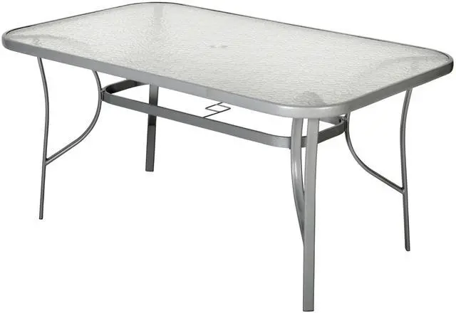 Main image of Flash Furniture Tory Rectangle Patio Table with Umbrella Hole, Commercial All-Weather Table with Heat Resistant Tempered Glass, Steel Tube Frame, 35x 59, Silver