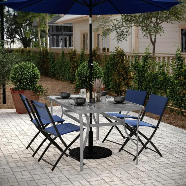 Alt view image 2 of 7 - Flash Furniture Tory Rectangle Patio Table with Umbrella Hole, Commercial All-Weather Table with Heat Resistant Tempered Glass, Steel Tube Frame, 35x 59, Silver