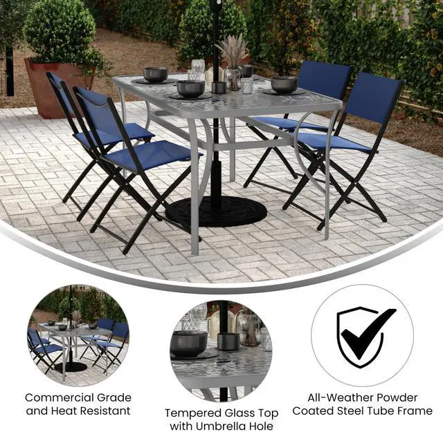 Alt view image 3 of 7 - Flash Furniture Tory Rectangle Patio Table with Umbrella Hole, Commercial All-Weather Table with Heat Resistant Tempered Glass, Steel Tube Frame, 35x 59, Silver