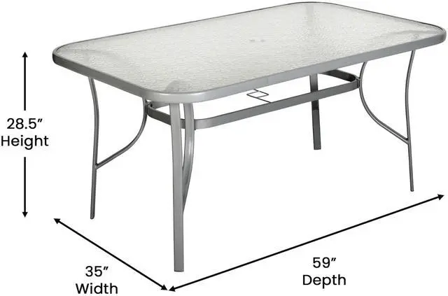 Alt view image 4 of 7 - Flash Furniture Tory Rectangle Patio Table with Umbrella Hole, Commercial All-Weather Table with Heat Resistant Tempered Glass, Steel Tube Frame, 35x 59, Silver