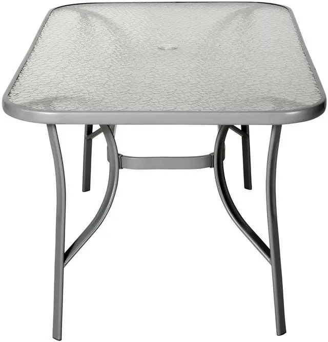 Alt view image 6 of 7 - Flash Furniture Tory Rectangle Patio Table with Umbrella Hole, Commercial All-Weather Table with Heat Resistant Tempered Glass, Steel Tube Frame, 35x 59, Silver