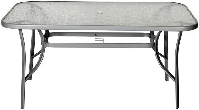 Alt view image 7 of 7 - Flash Furniture Tory Rectangle Patio Table with Umbrella Hole, Commercial All-Weather Table with Heat Resistant Tempered Glass, Steel Tube Frame, 35x 59, Silver