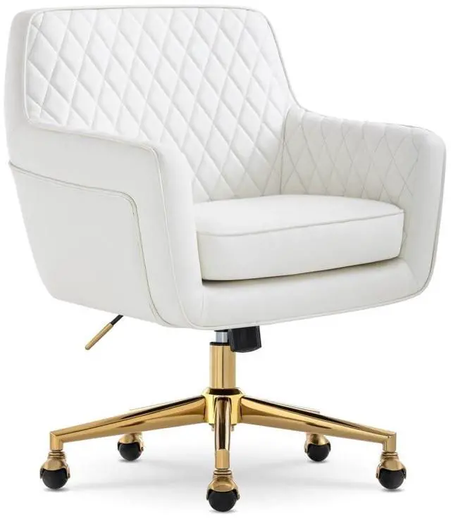 Main image of Serta Ashleigh Modern Office Chair, Diamond-Tufted Design, Pocket Coil Seat Cushion, Stylish Mid-Century Accent Armchair, Women's Vanity or MakeupChair, Polished Gold Swivel Base, White Bonded Leather