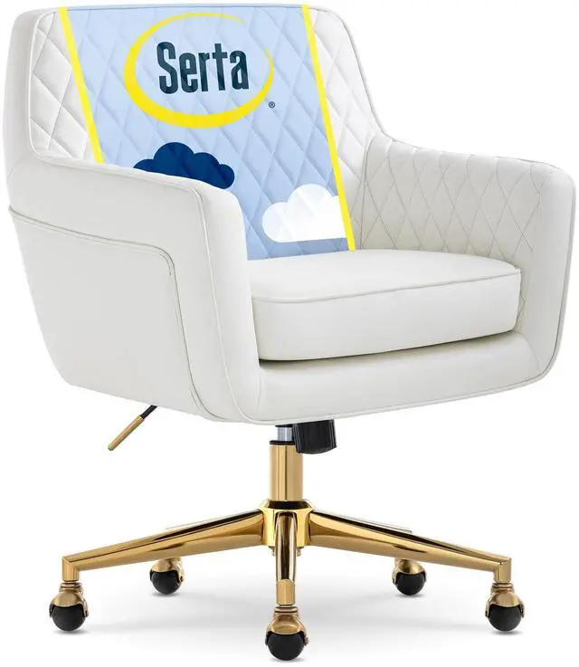 Alt view image 2 of 7 - Serta Ashleigh Modern Office Chair, Diamond-Tufted Design, Pocket Coil Seat Cushion, Stylish Mid-Century Accent Armchair, Women's Vanity or MakeupChair, Polished Gold Swivel Base, White Bonded Leather
