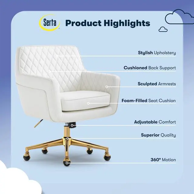 Alt view image 4 of 7 - Serta Ashleigh Modern Office Chair, Diamond-Tufted Design, Pocket Coil Seat Cushion, Stylish Mid-Century Accent Armchair, Women's Vanity or MakeupChair, Polished Gold Swivel Base, White Bonded Leather