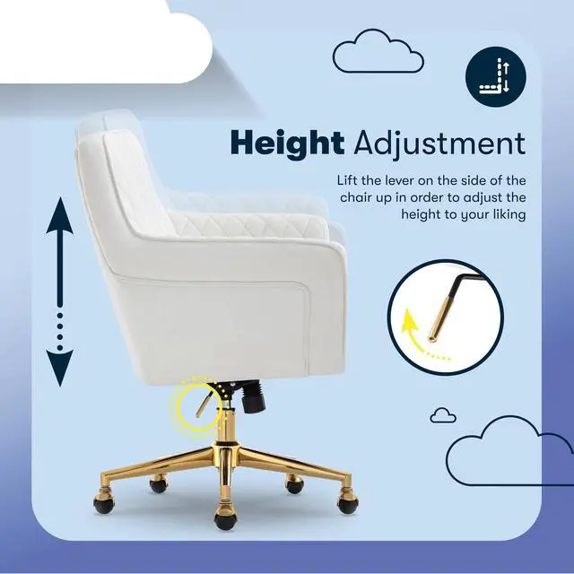 Alt view image 7 of 7 - Serta Ashleigh Modern Office Chair, Diamond-Tufted Design, Pocket Coil Seat Cushion, Stylish Mid-Century Accent Armchair, Women's Vanity or MakeupChair, Polished Gold Swivel Base, White Bonded Leather