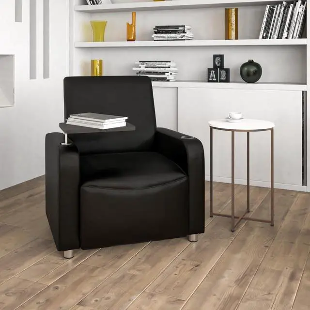 Alt view image 11 of 17 - Black Leather Guest Chair with Tablet Arm, Chrome Legs and Cup Holder