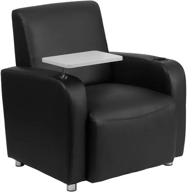 Alt view image 12 of 17 - Black Leather Guest Chair with Tablet Arm, Chrome Legs and Cup Holder