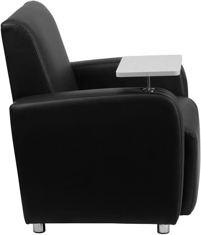 Alt view image 17 of 17 - Black Leather Guest Chair with Tablet Arm, Chrome Legs and Cup Holder