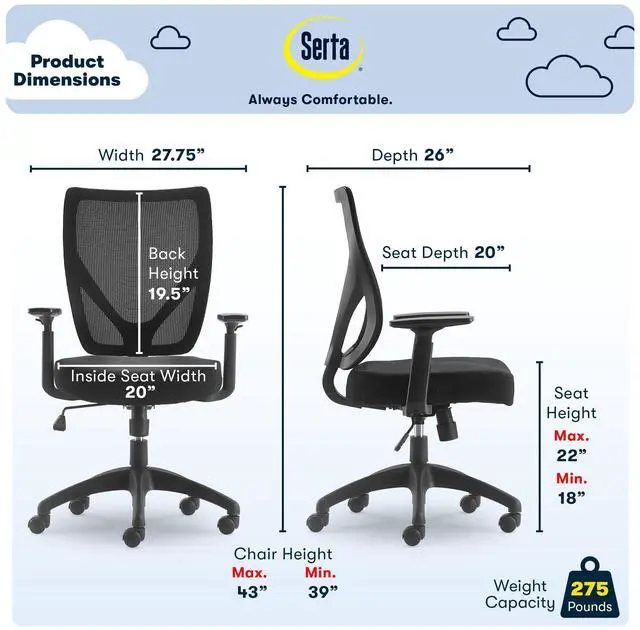 Alt view image 5 of 8 - Serta Production, Mesh Office Chair with Nylon Base Adjustable Ergonomic Midback Lumbar Support, Breathable Back, Black