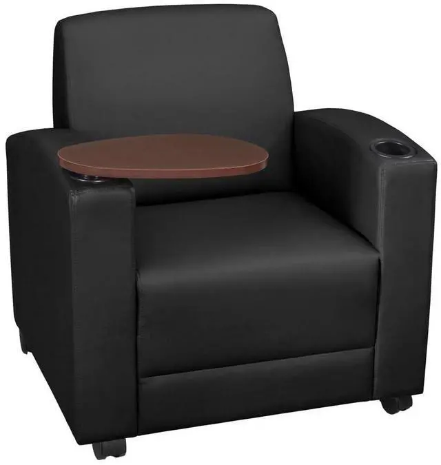 Main image of Regency Nova Arm Chair with 360-Degree Swiveling Tablet, Black Upholstery, Java Finish, Ergonomic Design for Office, Home, Study, or Lounge Seating