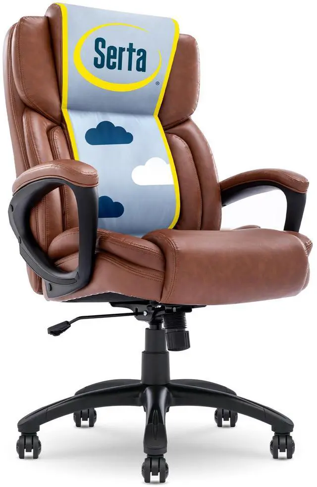 Alt view image 2 of 7 - Serta Garret Executive Office Chair, Ergonomic Mid-Back with Lumbar Support, Semi-Plush Cushion and Body Pillows, Padded Armrests, Swivel Base, Bonded Leather, Cognac