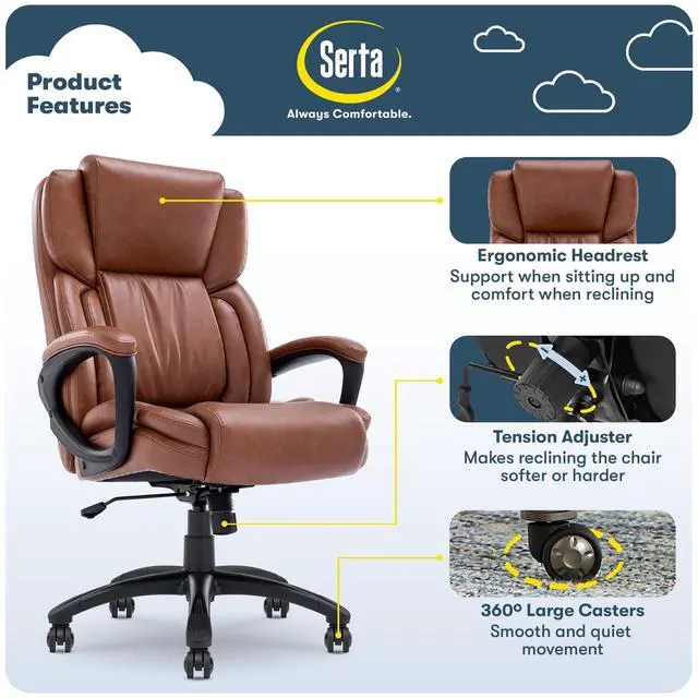 Alt view image 3 of 7 - Serta Garret Executive Office Chair, Ergonomic Mid-Back with Lumbar Support, Semi-Plush Cushion and Body Pillows, Padded Armrests, Swivel Base, Bonded Leather, Cognac