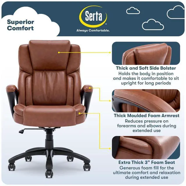 Alt view image 4 of 7 - Serta Garret Executive Office Chair, Ergonomic Mid-Back with Lumbar Support, Semi-Plush Cushion and Body Pillows, Padded Armrests, Swivel Base, Bonded Leather, Cognac