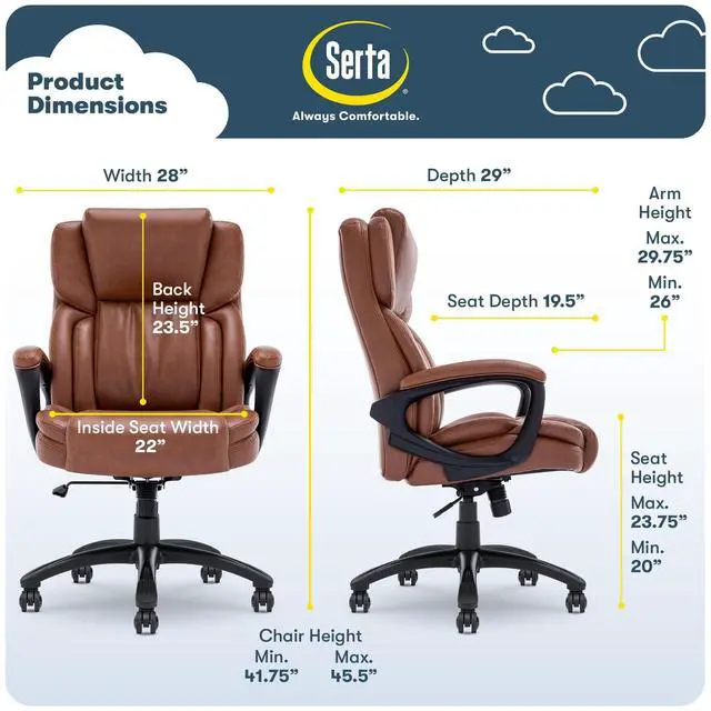 Alt view image 5 of 7 - Serta Garret Executive Office Chair, Ergonomic Mid-Back with Lumbar Support, Semi-Plush Cushion and Body Pillows, Padded Armrests, Swivel Base, Bonded Leather, Cognac