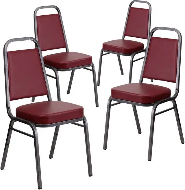 Alt view image 9 of 14 - 4 Pk. HERCULES Series Trapezoidal Back Stacking Banquet Chair with Burgundy Vinyl and 2.5'' Thick Seat - Silver Vein Frame