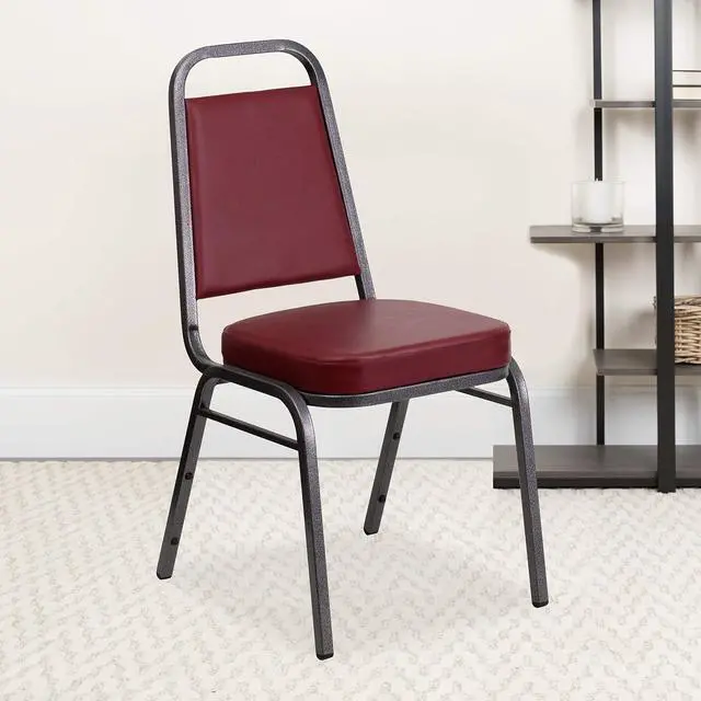 Alt view image 11 of 14 - 4 Pk. HERCULES Series Trapezoidal Back Stacking Banquet Chair with Burgundy Vinyl and 2.5'' Thick Seat - Silver Vein Frame