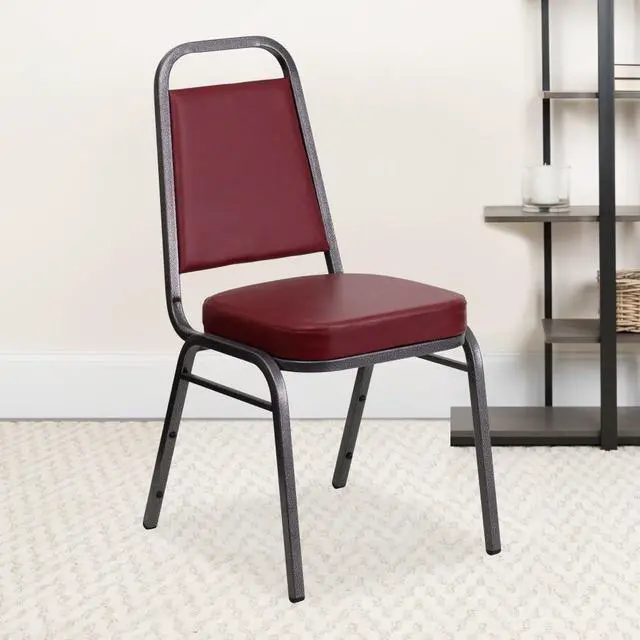 Alt view image 8 of 14 - 4 Pk. HERCULES Series Trapezoidal Back Stacking Banquet Chair with Burgundy Vinyl and 2.5'' Thick Seat - Silver Vein Frame