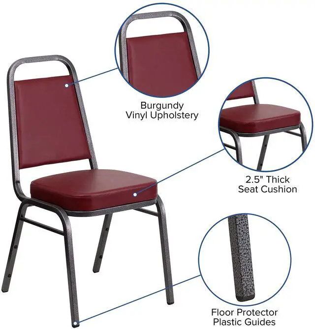 Alt view image 12 of 14 - 4 Pk. HERCULES Series Trapezoidal Back Stacking Banquet Chair with Burgundy Vinyl and 2.5'' Thick Seat - Silver Vein Frame