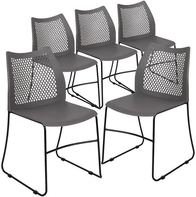 Alt view image 12 of 17 - 5 Pack HERCULES Series 661 lb. Capacity Gray Stack Chair with Air-Vent Back and Black Powder Coated Sled Base