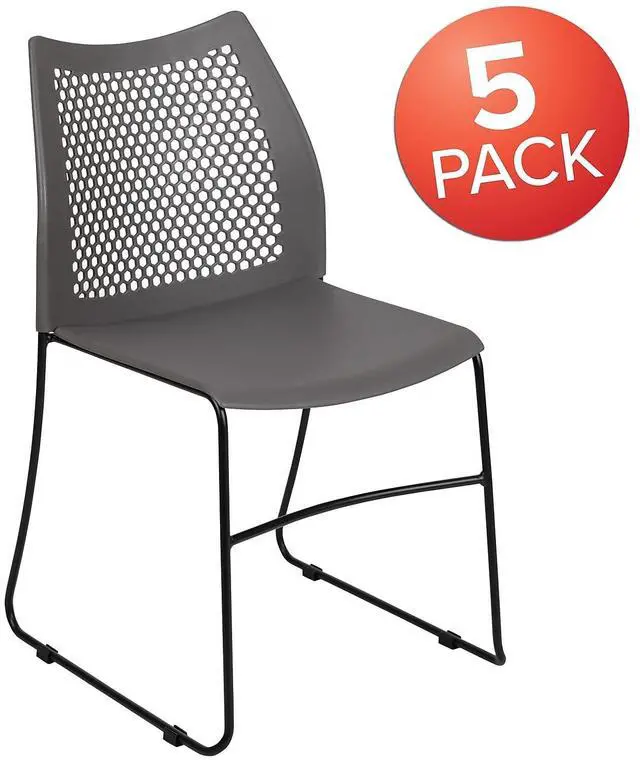 Alt view image 14 of 17 - 5 Pack HERCULES Series 661 lb. Capacity Gray Stack Chair with Air-Vent Back and Black Powder Coated Sled Base