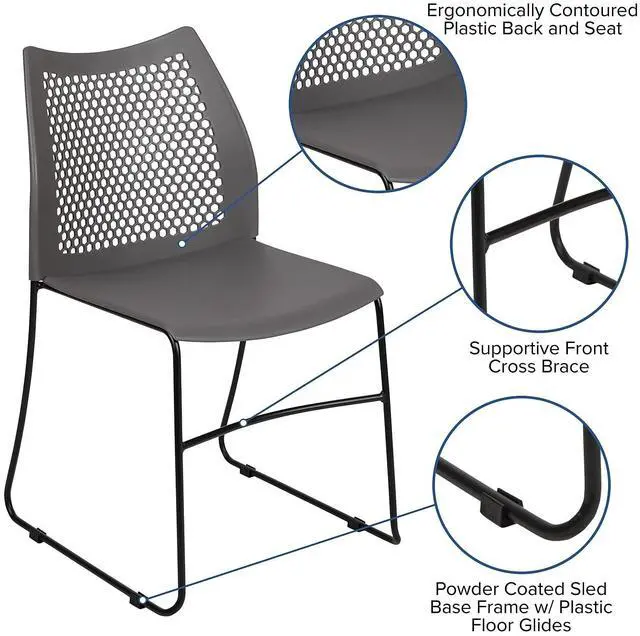 Alt view image 17 of 17 - 5 Pack HERCULES Series 661 lb. Capacity Gray Stack Chair with Air-Vent Back and Black Powder Coated Sled Base
