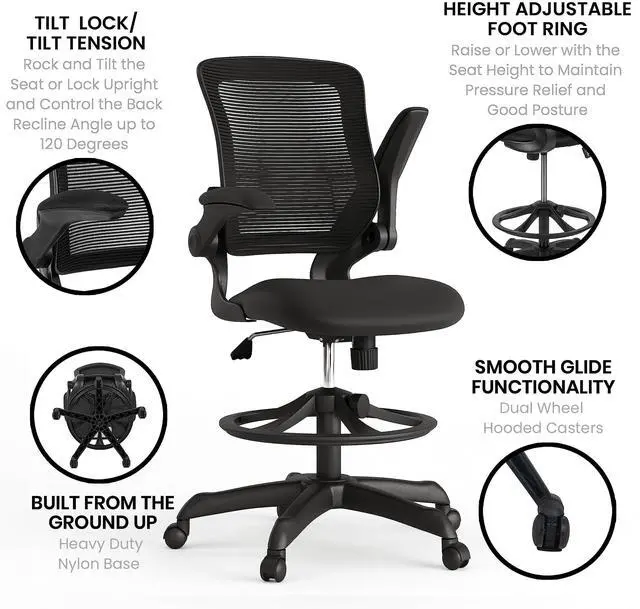 Alt view image 4 of 7 - Kale Mid-Back Swivel Office Chair with Adjustable Foot Ring, Lumbar Support, and Seat Height, Ergonomic Mesh Executive Chair, Black