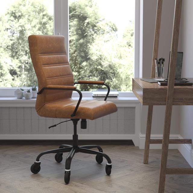 Alt view image 18 of 20 - Whitney High Back Brown LeatherSoft Executive Swivel Office Chair with Black Frame, Arms, and Transparent Roller Wheels