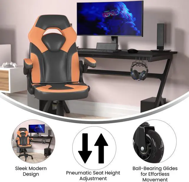 Alt view image 20 of 20 - Flash Furniture X10 Ergonomic LeatherSoft Swivel Gaming Chair with Transparent Roller Wheels Orange/Black (CH00095ORRLB)