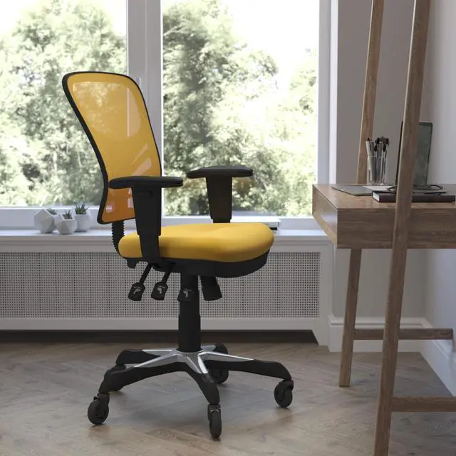 Alt view image 19 of 20 - Nicholas Mid-Back Yellow-Orange Mesh Multifunction Executive Swivel Ergonomic Office Chair with Adjustable Arms and Transparent Roller Wheels