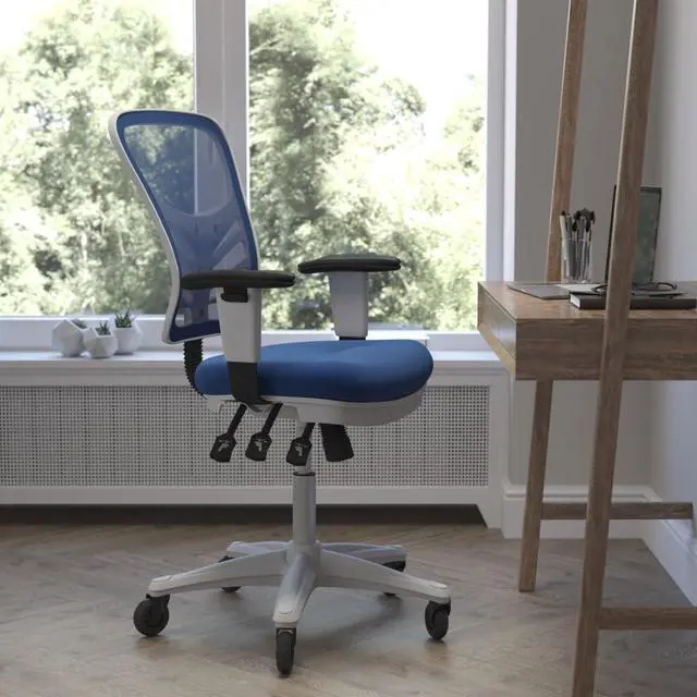 Alt view image 17 of 20 - Nicholas Mid-Back Blue Mesh Multifunction Executive Ergonomic Office Chair with Adjustable Arms, Transparent Roller Wheels, and White Frame