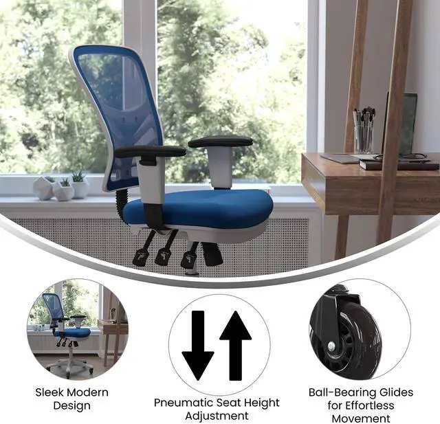 Alt view image 20 of 20 - Nicholas Mid-Back Blue Mesh Multifunction Executive Ergonomic Office Chair with Adjustable Arms, Transparent Roller Wheels, and White Frame