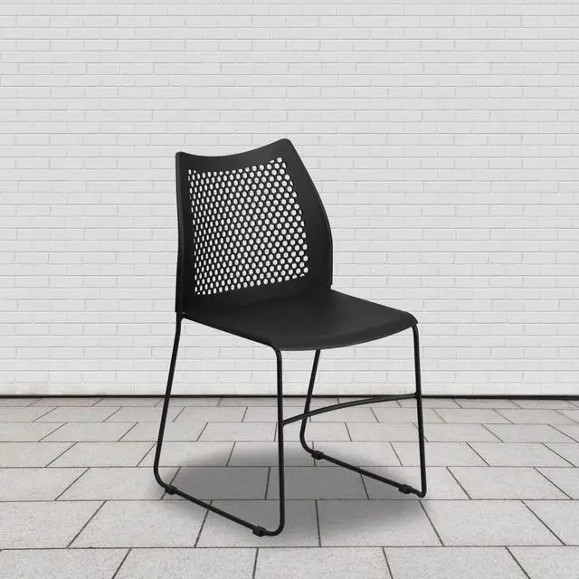 Alt view image 4 of 10 - 5 Pack HERCULES Series 661 lb. Capacity Black Stack Chair with Air-Vent Back and Black Powder Coated Sled Base