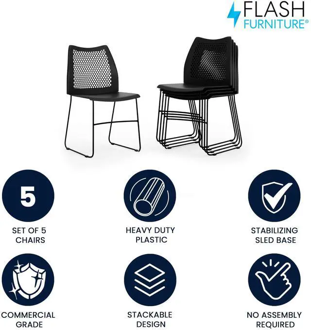 Alt view image 6 of 10 - 5 Pack HERCULES Series 661 lb. Capacity Black Stack Chair with Air-Vent Back and Black Powder Coated Sled Base