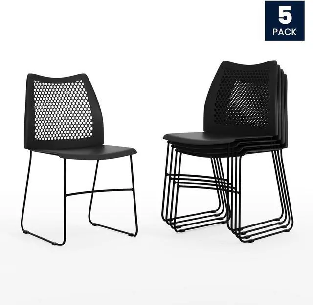 Alt view image 7 of 10 - 5 Pack HERCULES Series 661 lb. Capacity Black Stack Chair with Air-Vent Back and Black Powder Coated Sled Base