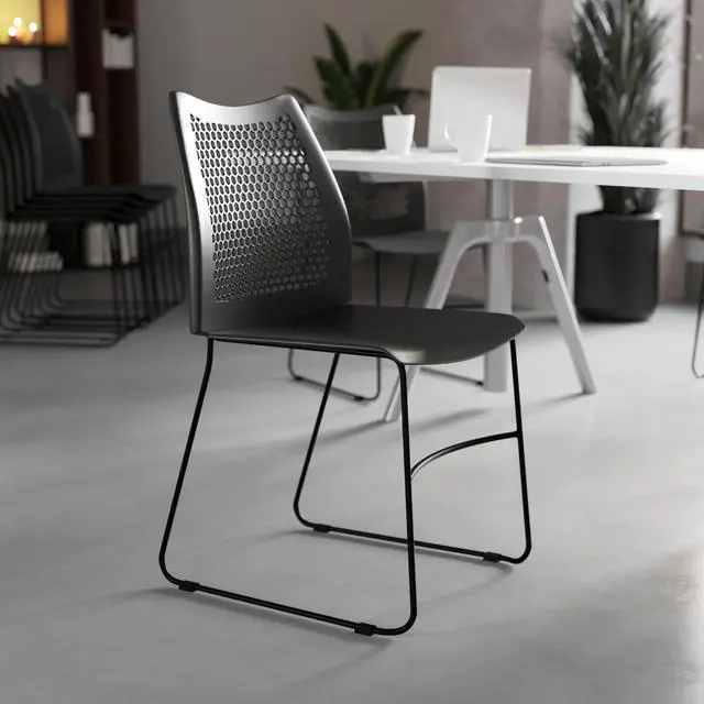 Alt view image 8 of 10 - 5 Pack HERCULES Series 661 lb. Capacity Black Stack Chair with Air-Vent Back and Black Powder Coated Sled Base