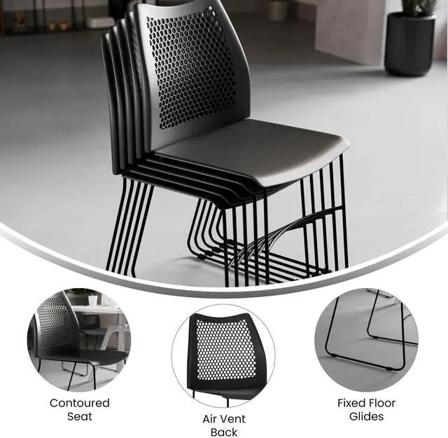 Alt view image 9 of 10 - 5 Pack HERCULES Series 661 lb. Capacity Black Stack Chair with Air-Vent Back and Black Powder Coated Sled Base