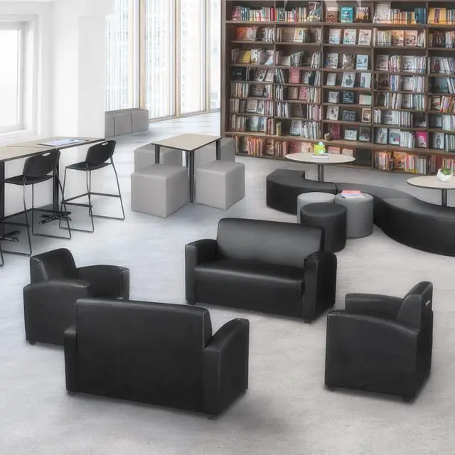 Alt view image 3 of 7 - Regency Nova Arm Chair with Sleek Black Vinyl Upholstery, Ergonomic and Durable Design, Comfortable Seating for Offices, Homes, Study Areas, Lounges, Classrooms, Waiting Rooms, or Conference Rooms