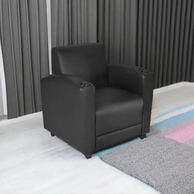Alt view image 6 of 7 - Regency Nova Arm Chair with Sleek Black Vinyl Upholstery, Ergonomic and Durable Design, Comfortable Seating for Offices, Homes, Study Areas, Lounges, Classrooms, Waiting Rooms, or Conference Rooms