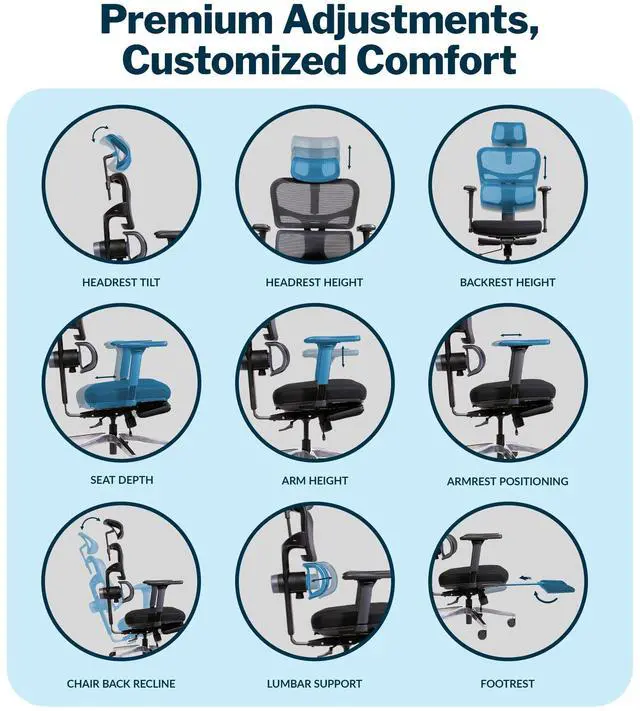 Alt view image 4 of 7 - Vari ComfortFlex Office Chair - Ergonomic Chair with Dynamic Lumbar Support - Adjustable Headrest and Retractable Leg Rest - Fully Customizable for Home or Office