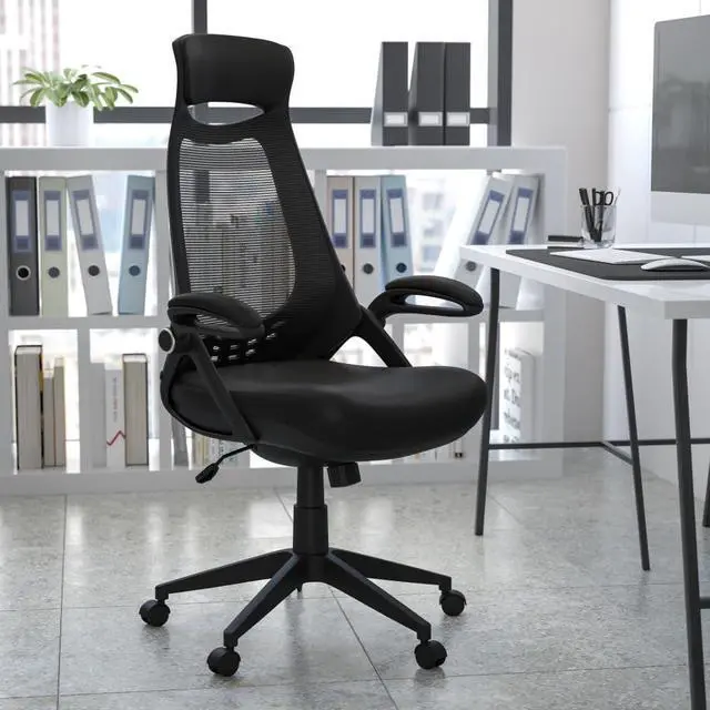 Alt view image 10 of 16 - Ivan High Back Black Mesh Executive Swivel Office Chair with Flip-Up Arms