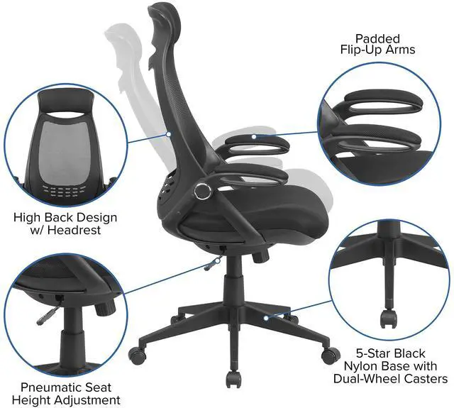 Alt view image 14 of 16 - Ivan High Back Black Mesh Executive Swivel Office Chair with Flip-Up Arms