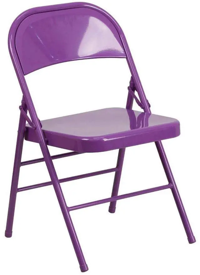 Alt view image 12 of 17 - 2 Pack HERCULES COLORBURST Series Impulsive Purple Triple Braced & Double Hinged Metal Folding Chair